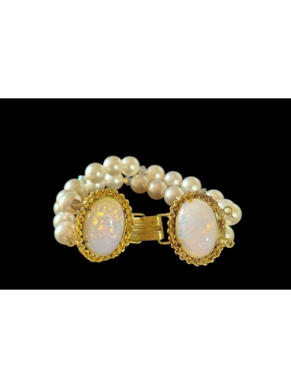 Vintage Faux Opal  Faux Pearl Bracelet  AB Crystals  Gold-Tone Filigree Details